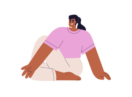 Girl in twisting yoga asana. Happy woman stretching, exercising in Half Lord of the Fishes pose, seated posture. Young flexible female exercising. Flat vector illustration isolated on white backgroundのイラスト素材