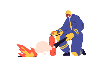 Firefighter extinguishing fire, spraying foam with extinguisher. Fireman with firefighting tool in hands. Emergency worker fighting flame. Flat graphic vector illustration isolated on white backgroundのイラスト素材