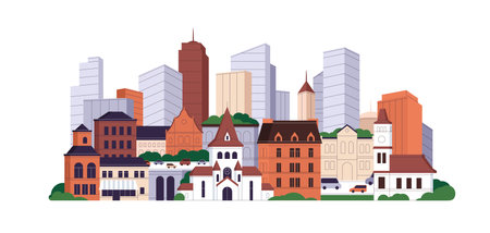 Modern city buildings, skyscrapers behind old houses. Low and high-rise houses in downtown. Cityscape, big and small urban constructions. Flat graphic vector illustration isolated on white backgroundのイラスト素材
