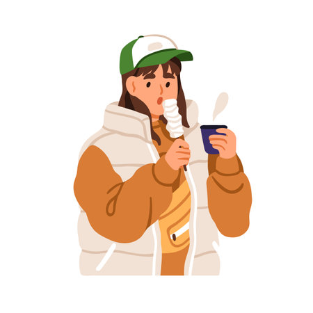 Asian girl eating eomuk, fishcake on stick. Young woman holding fish cake, Korean street snack on skewer. Person with hot odeng, fast food. Flat vector illustration isolated on white backgroundのイラスト素材