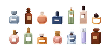 Perfume bottles set. Aroma water, fragrances, scents in glass packages. Fragrant essences, fluids in containers of different shapes. Flat graphic vector illustrations isolated on white backgroundのイラスト素材
