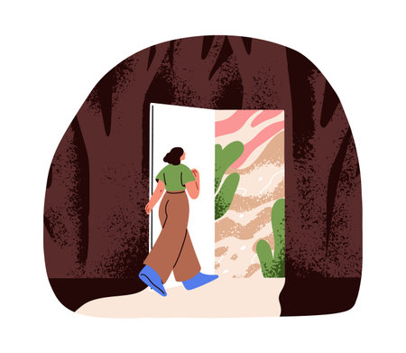 Going to unknown open door, exploring new opportunities, changing life. Development, stepping forward. Escaping comfort zone, psychology concept. Flat vector illustration isolated on white backgroundのイラスト素材