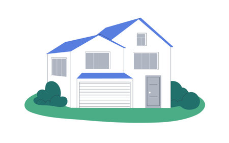 House building exterior. Residential home facade. Real estate, property. Residence construction with garage, windows, residence architecture. Flat vector illustration isolated on white backgroundのイラスト素材