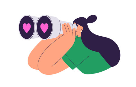 Searching, looking for love concept. Single woman watching through binoculars with hearts. Girl finding partner, relationships, valentine, crush. Flat vector illustration isolated on white backgroundのイラスト素材