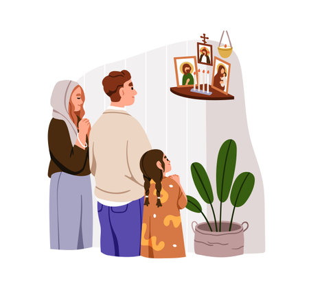 Christian Orthodox family praying to Jesus Christ. Eastern Christianity religion concept. Religious people, prayers at icons and cross corner. Flat vector illustration isolated on white backgroundのイラスト素材