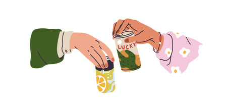 Two hands holding tin bottles, cheers. Friends with aluminium cans, celebrating holiday. Toast with lemonade drink, fizzy beverage. Flat graphic vector illustration isolated on white backgroundのイラスト素材