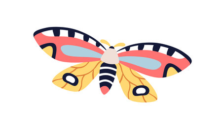 Exotic butterfly flying. Tropical moth with beautiful colorful wings. Spring and summer multicolored insect. Abstract fauna species. Flat graphic vector illustration isolated on white backgroundのイラスト素材