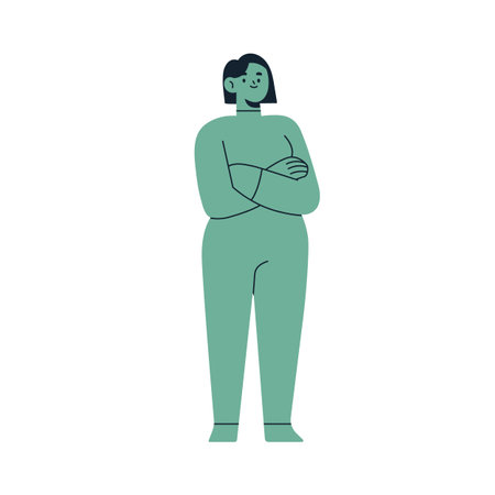 Young girl portrait. Abstract female character standing, smiling. Happy teenager, arms crossed. Friendly positive nice person in modern style. Flat vector illustration isolated on white backgroundのイラスト素材