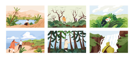 Nature landscapes view, characters in adventures, journeys. People tourists travel, walk outdoors. Calm serene spring and summer scenery views with plants, water. Concept flat vector illustrations setのイラスト素材