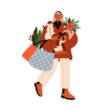 Woman carrying bags and boxes, purchases, winter holiday shopping. Walking with Christmas presents, ornaments in hand. Xmas preparation. Flat graphic vector illustration isolated on white backgroundのイラスト素材