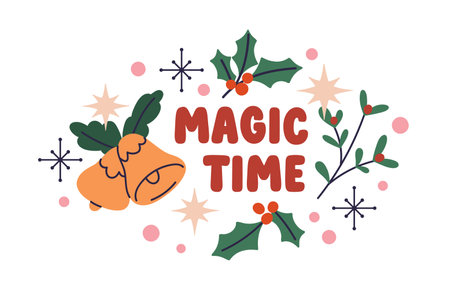 Winter holiday sticker design. Merry Christmas and Happy New Year decoration. Magic Time text with festive decor, Xmas bells, mistletoe berries. Flat vector illustration isolated on white backgroundのイラスト素材