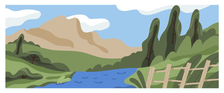 Rural nature landscape. Countryside scenery background with river water, grass, trees, mountain, clouds in sky. Summer panorama with rock, lake, green plants, fence. Flat vector illustrationのイラスト素材