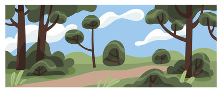 Nature landscape. Footpath, trail among trees, grass and shrubs. Pathway in forest, clouds in sky. Abstract summer scenery panorama background, forest with path way. Flat vector illustrationのイラスト素材