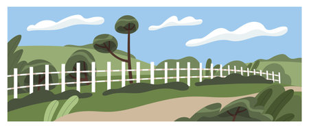 Rural landscape. Countryside nature panorama with farm pasture, farmland, grassland behind fence. Spring and summer scenery background, ranch, grass, pathway, sky and clouds. Flat vector illustrationのイラスト素材