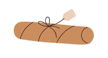 Holiday gift in kraft wrapping, twine and tag. Present wrapped in brown craft paper. Rolled package, long pack in eco minimalist style. Flat graphic vector illustration isolated on white backgroundのイラスト素材