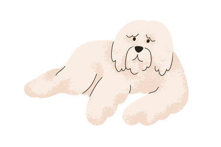Cute shaggy dog of South Russian shepherd breed. Fuzzy fluffy doggy, canine animal. Guardian sheepdog with soft furry hair. Puppy lying, relaxing. Flat vector illustration isolated on white backgroundのイラスト素材