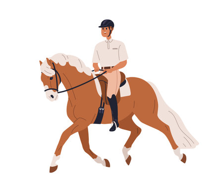 Horse rider. Equestrian riding horseback, stallion. Equine animal walking horseriding. Horseman in hat in saddle, steed trotting. Flat graphic vector illustration isolated on white backgroundのイラスト素材