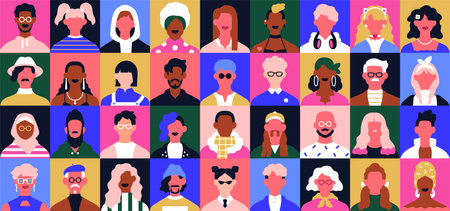 People face avatars set. Abstract characters, colorful bright head portraits in trendy style. Diverse men, women. User profiles, mosaic geometric community pattern. Colored flat vector illustrationのイラスト素材