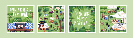 Open-air festival, outdoor summer concert, public picnic in park. Square card designs for food and music fest, vacation party, entertainment event in nature. Isolated flat vector illustrations setのイラスト素材