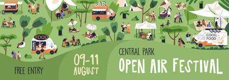 Open-air festival banner design. Outdoor fest, public picnic, camp, weekend event in park on summer holiday. Promotion background with food trucks, tiny people in nature. Flat vector illustrationのイラスト素材