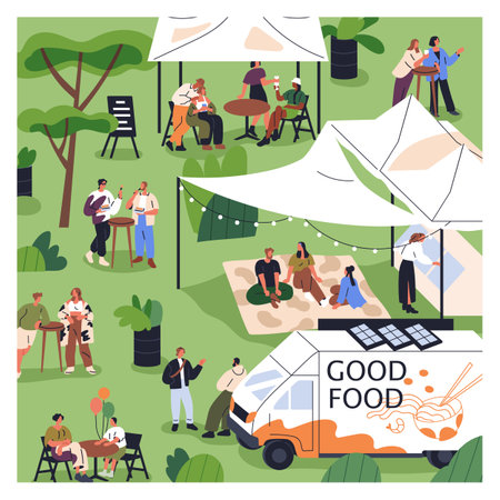Outdoor open-air festival with street food trucks, tents. Tiny people relaxing in nature, at public picnic in park, relaxing on grass. Characters at summer holiday fest. Flat vector illustrationのイラスト素材