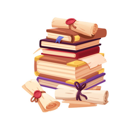 Old magic books stack, sealed parchment scrolls. Ancient antique paper scrolls, mystic papyrus documents, medieval secret manuscripts. Flat cartoon vector illustration isolated on white backgroundのイラスト素材