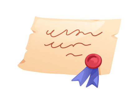 Old ancient parchment paper. Antique papyrus, sealed document. Medieval historical magic letter, handwritten text with wax stamp and ribbon. Flat vector illustration isolated on white backgroundのイラスト素材