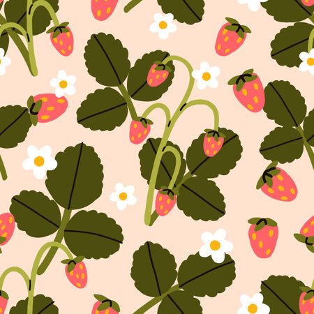 Strawberry and flowers, seamless pattern design. Endless summer print, background. Berry and leaf, repeating nature texture. Flat vector illustration for wallpaper, wrapping, fabric and textileのイラスト素材