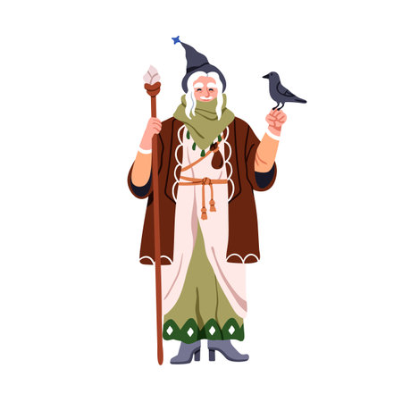 Old magician, mage holding staff and raven bird. Bearded wizard character in witch hat. Magic sorcerer, fairytale man with wand stick. Fantasy flat vector illustration isolated on white backgroundのイラスト素材