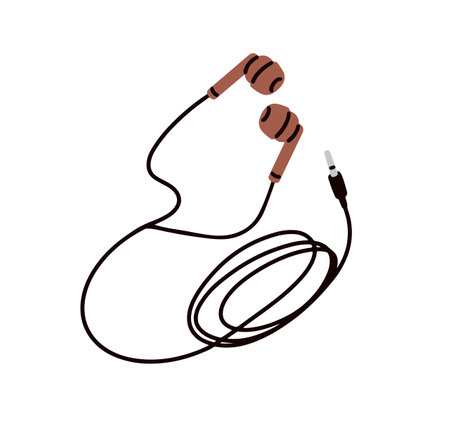 Wired earphones. Earbuds with cable. Portable mobile device, audio accessory for music listening. Ear phones, plugs, compact gadget. Flat vector illustration isolated on white backgroundのイラスト素材