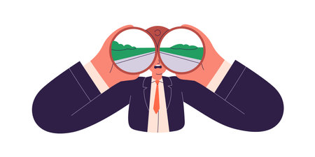Business man searching, exploring new ways. Employee looking at work opportunities, future through binoculars. Strategy and vision concept. Flat vector illustration isolated on white backgroundのイラスト素材