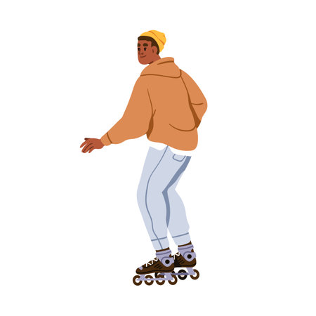 Happy young man on roller skates. Active modern smiling guy skater standing in rolling shoes. Cool male character skating outdoors. Flat vector illustration isolated on white backgroundのイラスト素材