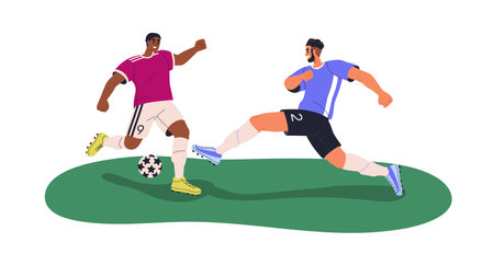 Soccer players with ball. Professional athletes playing football, sports game. Happy men opponents, rivals training, competition. Flat graphic vector illustration isolated on white backgroundのイラスト素材