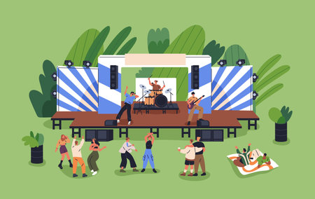 Music band, live outdoor concert on stage. Open-air festival with people, audience dancing, relaxing on grass at summer weekend fest. Musicians performance, show in park. Flat vector illustrationのイラスト素材