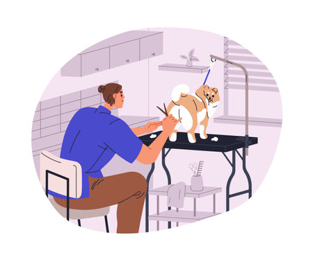 Dogs haircut, hairstyle at grooming salon. Groomer cutting canine hair with scissors, styling doggies coat. Professional pet care service. Flat vector illustration isolated on white backgroundのイラスト素材