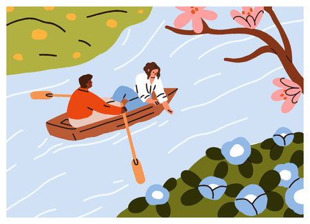 Love couple in boat in spring. Romantic date on river in nature. Man and woman valentines floating on water together, travel among blossomed flowers, resting outdoors. Flat vector illustrationのイラスト素材