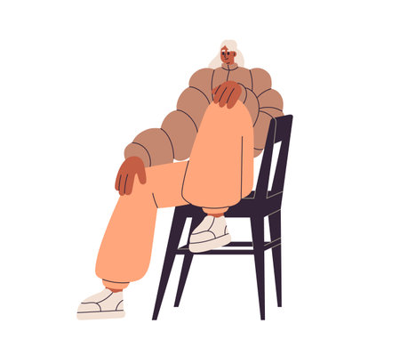Young woman model, sitting in chair. Smiling girl posing in seated position in modern outfit, casual clothes, apparel in trendy sport style. Flat vector illustration isolated on white backgroundのイラスト素材