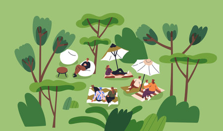 People relaxing outdoors, lying on picnic blankets, grass in park. Tiny characters resting in nature on summer holiday, weekend. Family, couple, friends, leisure time outside. Flat vector illustrationのイラスト素材