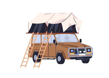 Rooftop car tent. SUV with roof-top camping. Campers auto transport for road trip, travel, adventure. Touristic vehicle, holiday automobile. Flat vector illustration isolated on white backgroundのイラスト素材