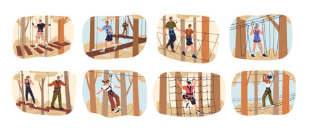 Walking, climbing in rope park. Active people at zipline, extreme outdoor activity among trees. Zip line, aerial playground in nature. Flat graphic vector illustrations isolated on white backgroundのイラスト素材