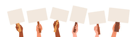 Hands holding blank placards, sign boards on sticks set. Arms with empty posters backgrounds on poles. Banners, signboards on handles for strike. Flat vector illustrations isolated on white backgroundのイラスト素材