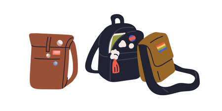 Modern bags and backpacks decorated with abstract stickers, badges, tags. Trendy customized teen packs with craft decorations, ornaments. Flat vector illustration isolated on white backgroundのイラスト素材