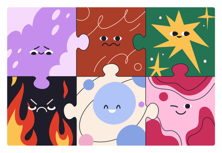 Cute faces, emotions, puzzle pieces characters. Funny jigsaw design with different expressions, happy and sad, various mood, feelings. Colored flat vector illustration isolated on white backgroundのイラスト素材
