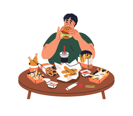 Man glutton eating fast junk food. Person overeating fastfood, burgers, fat snacks. Hungry character and unhealthy diet, gluttony. Flat graphic vector illustration isolated on white backgroundのイラスト素材
