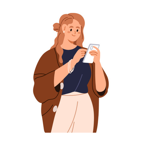 Young woman holding mobile cell phone. Female character with smartphone, cellphone in hand, using device, scrolling online, surfing internet. Flat vector illustration isolated on white backgroundのイラスト素材
