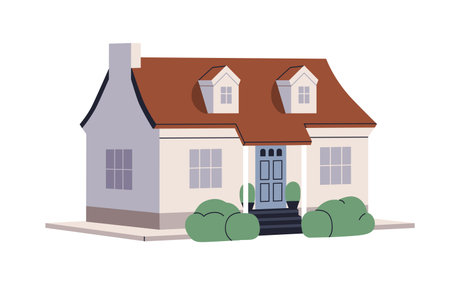 House building exterior. One-story residential construction. Home facade. Residence architecture, outdoor view. Living structure, real estate. Flat vector illustration isolated on white backgroundのイラスト素材