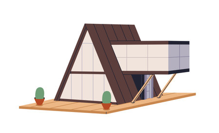 Triangle house. A-frame home building architecture. Modern construction exterior, outdoor view. Contemporary real estate from wood, glass. Flat graphic vector illustration isolated on white backgroundのイラスト素材
