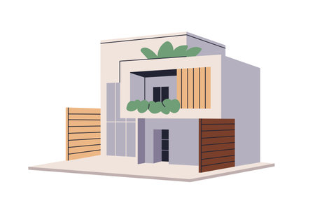 Modern modular house architecture. Contemporary villa exterior. Trendy construction, outdoor view. Residential building, home, real estate. Flat vector illustration isolated on white backgroundのイラスト素材