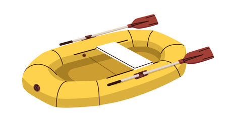 Rubber inflatable boat with paddles. Water transport, rowing vessel with oars. Small river and lake vehicle for recreation. Flat vector illustration isolated on white backgroundのイラスト素材