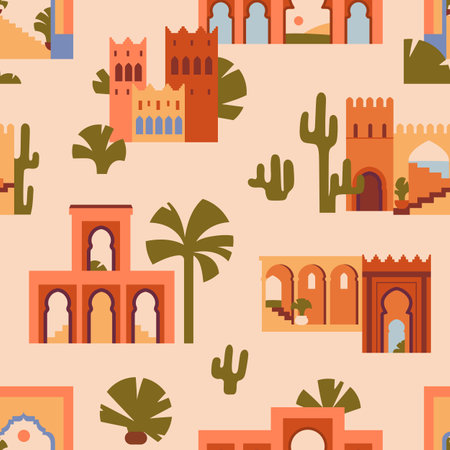 Morocco, seamless pattern. Moroccan architecture, endless background design. Medina and Marrakech buildings, repeating print for textile, wallpaper. Printable Marrakesh. Flat vector illustrationのイラスト素材